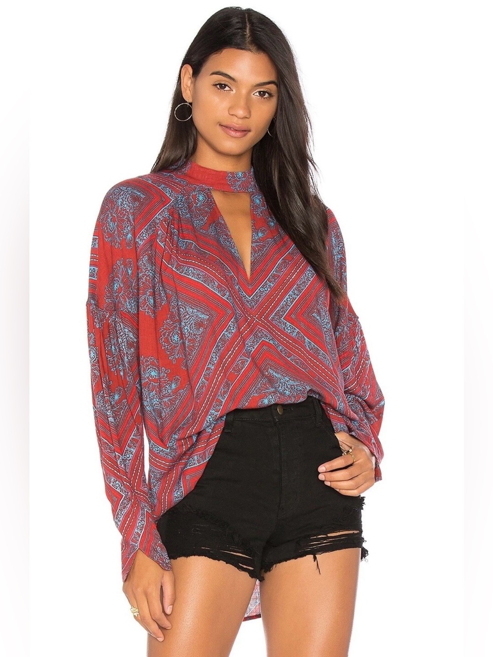Free People Red Boho Keyhole Tunic with Blue Floral Detail